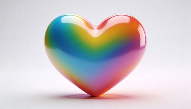 Shimmering rainbow heart sculpture with iridescent gradient and glossy reflections