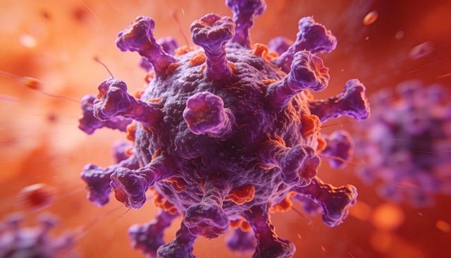 Rotating coronavirus-like particle with spike proteins in vibrant orange fluid