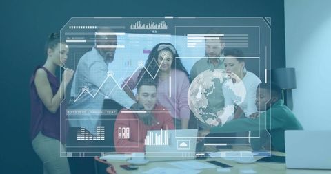 Diverse Team Analyzing Holographic Data in Modern Office Setup