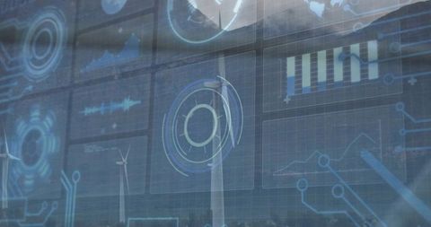 Futuristic wind farm analytics hud showing turbine data overlay and monitoring dashboard