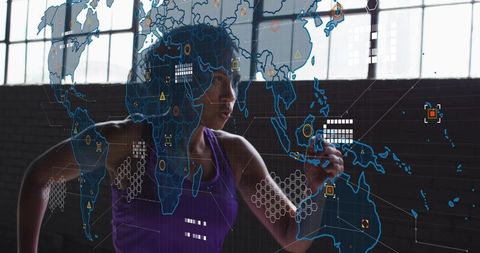 Female Athlete Sprinting with Futuristic HUD World Map Overlay in Industrial Gym