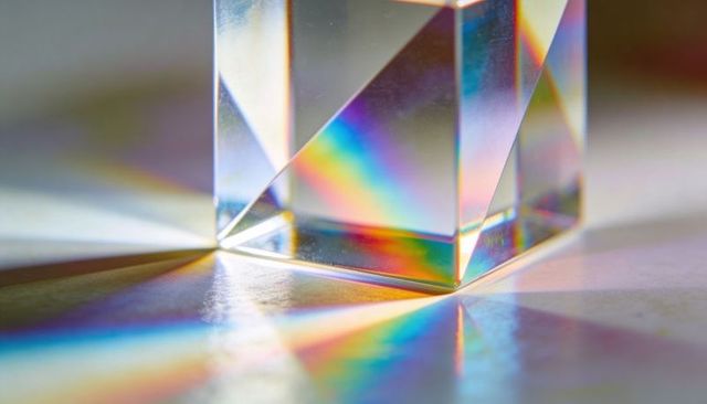 Prism cube refracting rainbow light on pale surface, iridescent glass spectrum
