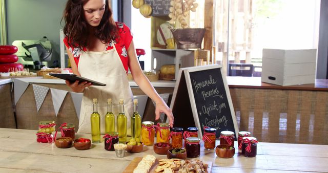 Female staff arranging olives, preserves and olive oil on counter in organic market