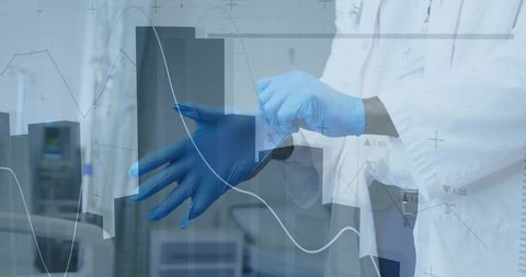 Clinician Donning Blue Nitrile Glove with Data Overlays Representing Medical Analytics