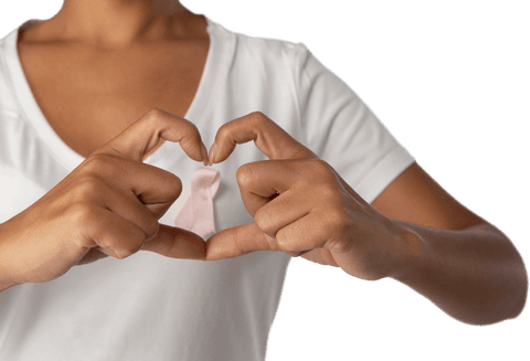 Transparent woman wearing pink ribbon forming heart gesture