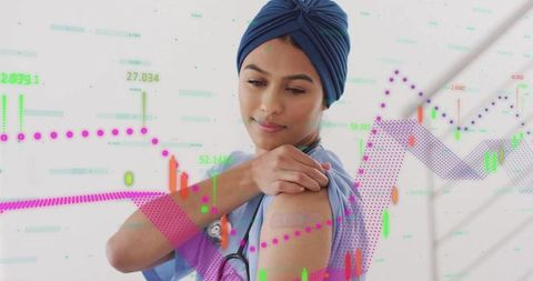 Nurse with Graph Annotation Touching Bandage: Medical and Financial sectors