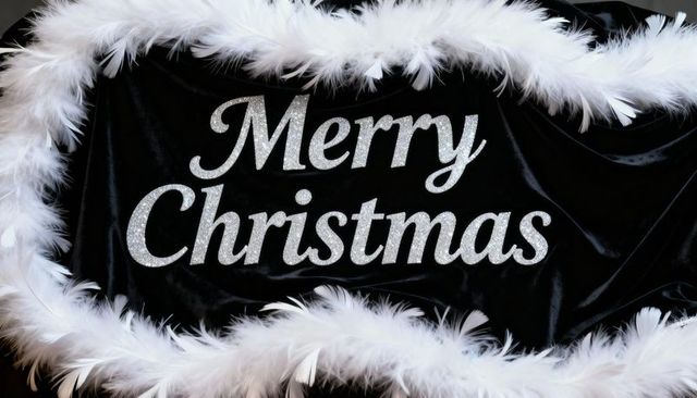 Glittery merry christmas script on black velvet backdrop featuring white feather boa