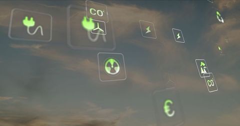 Holographic Green Energy Icons in Evening Sky Landscape
