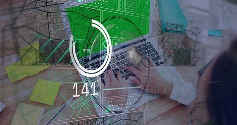 Typing on Laptop with HUD Mapping Overlays for GIS Analytics and Dashboard Visualization