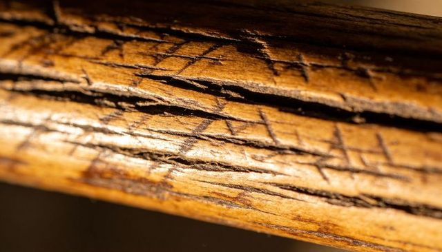 Close-up of weathered wooden railing showing deep gouges, varnish sheen and grain texture