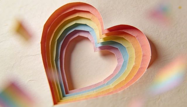 Layered pastel paper heart casting soft shadows on cream textured surface