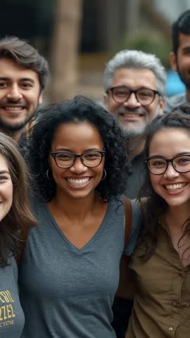 Friends walking into frame, posing and smiling on lively urban pedestrian street vertical video