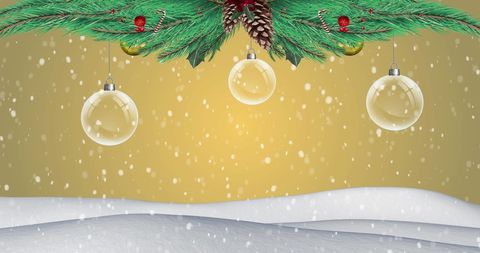 Festive Christmas Baubles and Snow on Golden Background