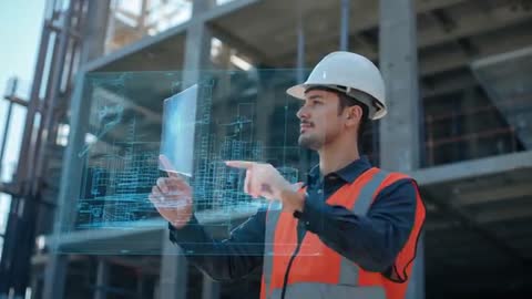 Engineer interacting with augmented reality BIM model on construction site