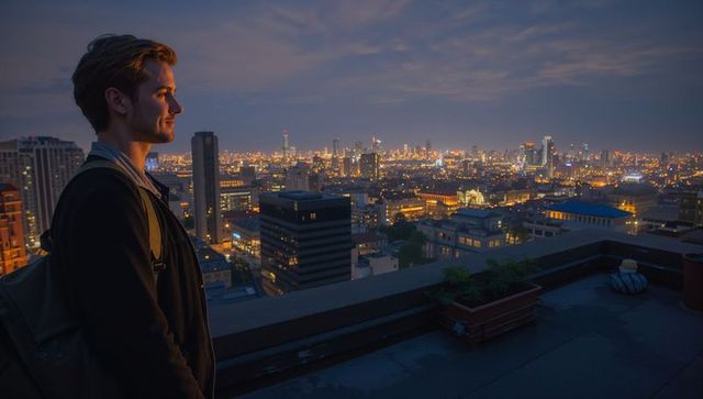 Young man standing on rooftop overlooking city skyline at dusk, contemplative urban view