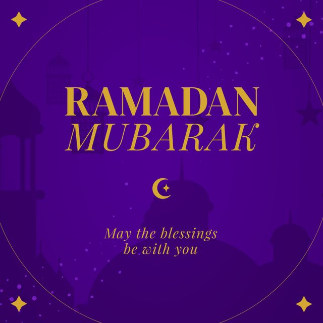 This elegant Ramadan Mubarak design features golden text with a crescent moon and mosque silhouette on a deep purple background. Ideal for celebrating and sharing holiday greetings during the holy month. Can be used for greeting cards, social media, posters, or event invitations to connect with the Muslim community and convey warm wishes.