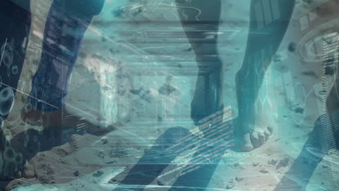 Futuristic DNA and People Jumping on Sandy Beach Fusion