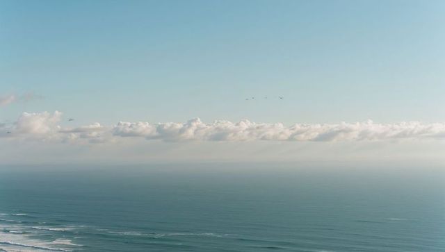 Calm ocean horizon meeting low cloud bank with seabirds flying over minimalist blue seascape