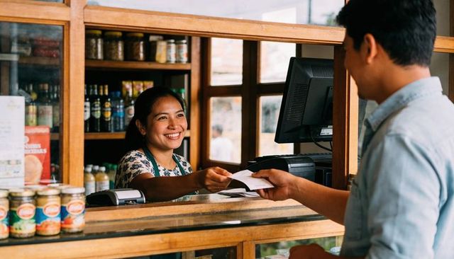 Smiling retail clerk handing receipt at wooden counter during friendly checkout moment