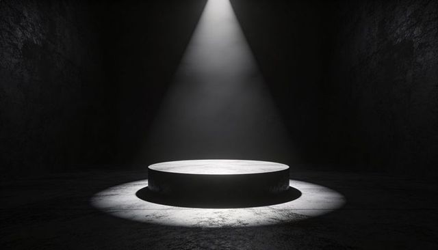 Dramatic Spotlight on Circular Concrete Pedestal with Dusty Light Beam in Dark Space