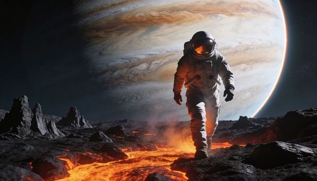 Striding astronaut crossing volcanic alien plain with molten lava and giant gas planet