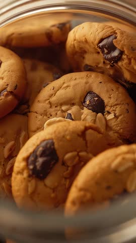 Vertical video pulling back from glass jar to warm peanut chocolate chunk cookies