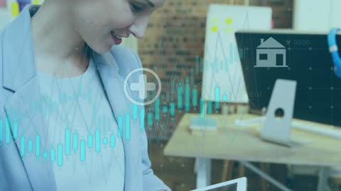 Businesswoman Analyzing Data on Digital Tablet with Virtual Graphs