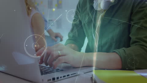 Hands Typing on Laptop Surrounded by Digital Connections Overlay