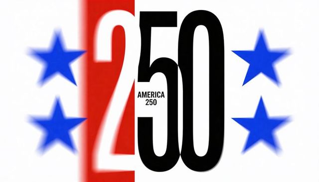 America 250 semiquincentennial poster featuring bold condensed typography and blue stars