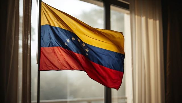 Venezuelan flag waving indoors backlit tricolor with eight stars minimalist motion soft glow