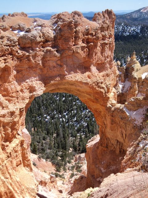 Natural arch formed by erosion in Bryce Canyon National Park, Utah. Red rock contrasts with green forest below. Ideal for use in travel blogs, geology presentations, nature documentaries, and adventure advertisements.