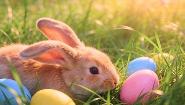 Easter bunny nestling in sunlit grass with pastel eggs during golden hour