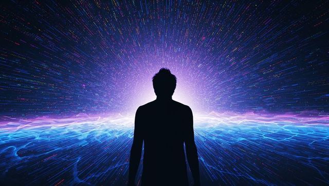 Silhouette standing facing neon horizon over futuristic digital grid and starfield