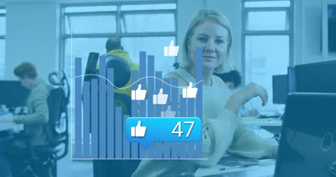 Caucasian Woman in Office with Social Media Reaction Graphs
