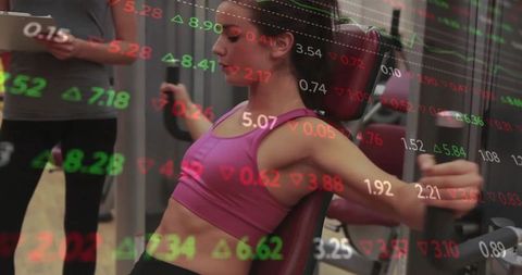 Woman Training on Chest Press at Gym with Stock Ticker Overlay