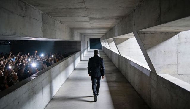 Walking figure in concrete corridor past flashing crowd capturing dramatic architectural lines