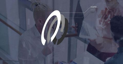 Business team collaborating over laptop with augmented data overlay and wireframe insights