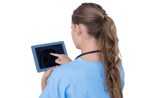 Nurse using tablet enhances healthcare and technology theme. Suitable for medical blogs, tech articles, and healthcare promotions focusing on digital integration.