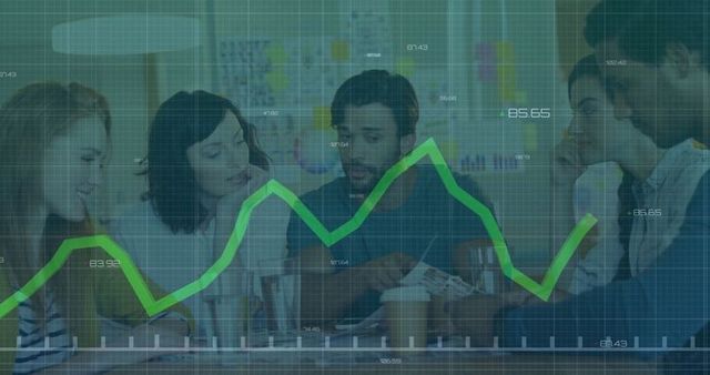 Diverse Team Collaborating with Data Graphics Overlay