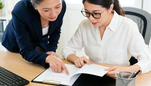 Senior mentor guiding young asian professional reviewing paperwork at office desk