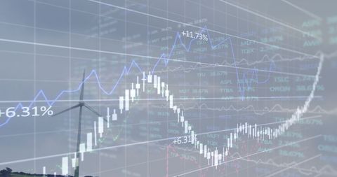 Digital Data Graphs Overlaid on Wind Turbines Highlighting Global Business Trends
