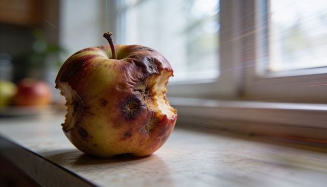 Part-eaten bruised apple resting on windowsill showing decay, bite marks and blemished skin
