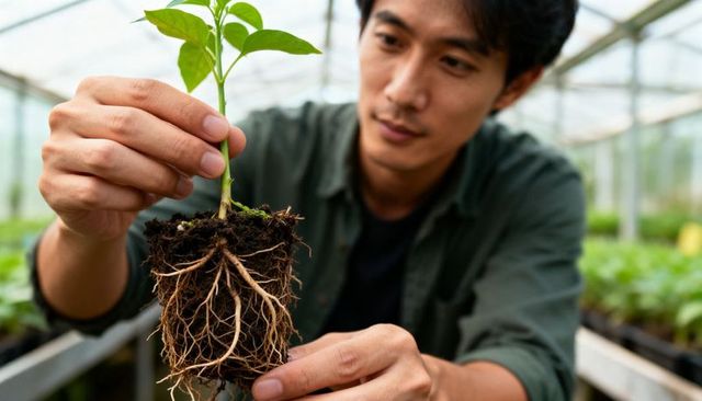 Gardener holding seedling and inspecting healthy root ball in greenhouse nursery