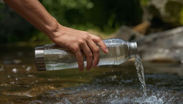 Hand Pouring Reusable Water Bottle into Sunlit Rocky Stream for Outdoor Hydration
