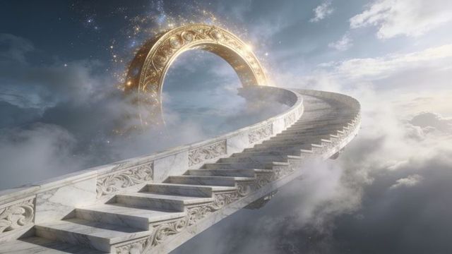Ascending marble spiral staircase curving through clouds toward glowing gilded portal