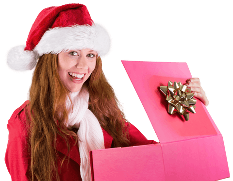 Smiling Redhead in Santa Hat Opening Festive Gift Box on Transparent Background