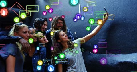 Group of Friends Interacting with Virtual Social Media Icons