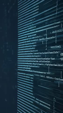 Vertical tech grid scrolling code lines with light bars displaying futuristic data flow