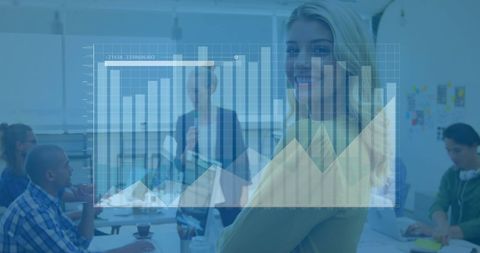 Business team analyzing digital data presentation in office