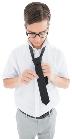 Man with glasses tying tie on transparent background